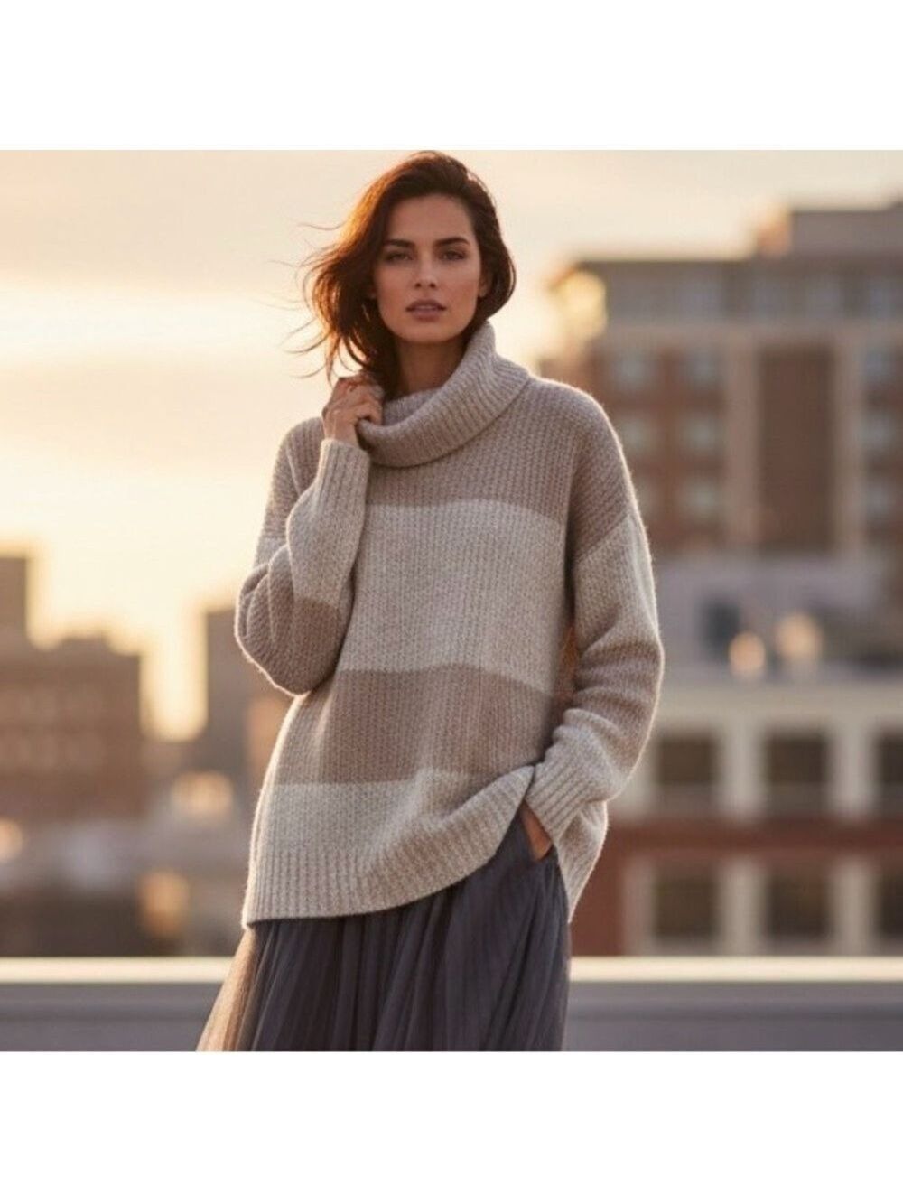 Joan Vass New York Striped Taupe Cowl Neck Sweater NWT L/G - Cozy Luxe Knitwear